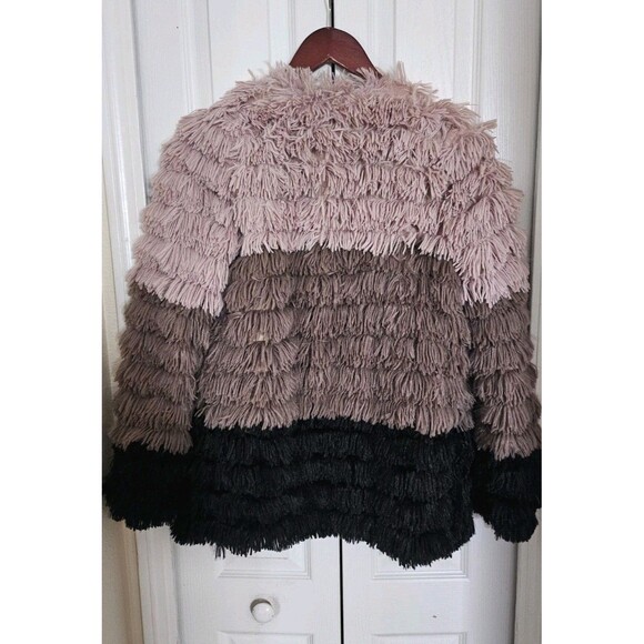 Anthropologie Sage Colorblocked Fringe Faux-Fur Multi-Color Coat Women's Size M. - Picture 10 of 11